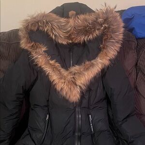 Mackage Black Puffer Jacket with Faux Fur Trim